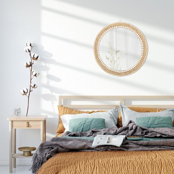 18 Inch Boho Round Hanging Wall Mirror Decorative Rattan Circle Mirrors for Farm - Picture 7 of 7